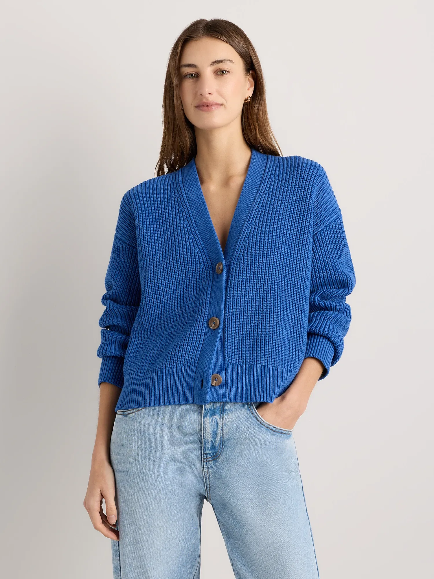 100% Organic Cotton Fisherman Boxy Cropped Cardigan in Sapphire Blue