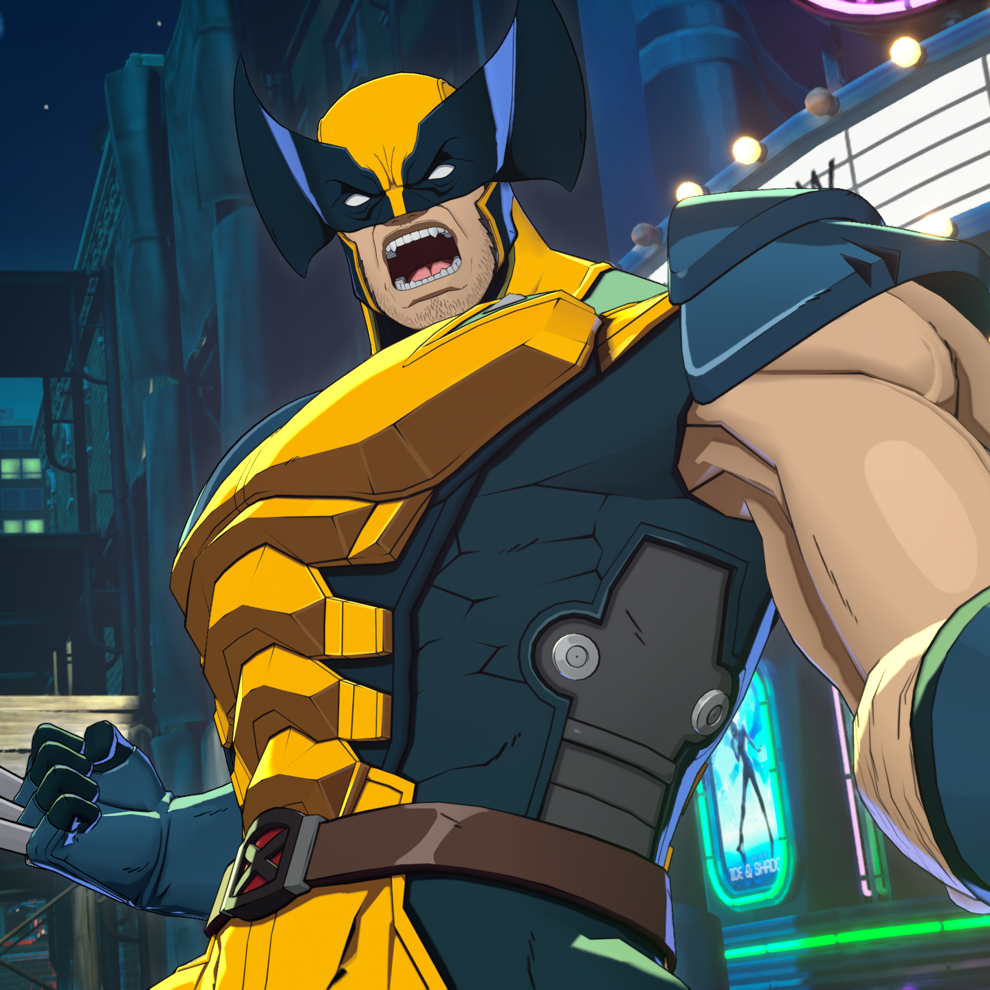Wolverine from Marvel T&amp;#333;kon shouting with his arms out to either side, claws extended.