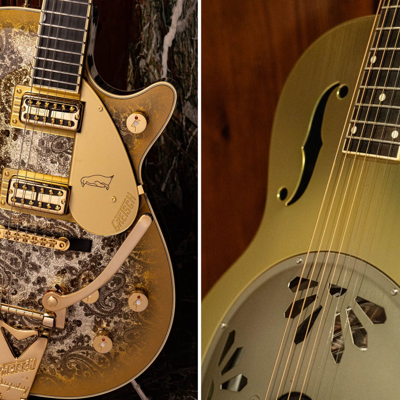 Gloriously adorned with a gold edge burst finish over a gold