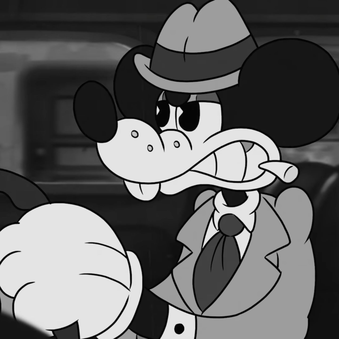 The mouse private investigator, Jack Pepper, clenching his teeth and driving in Mouse: PI for Hire