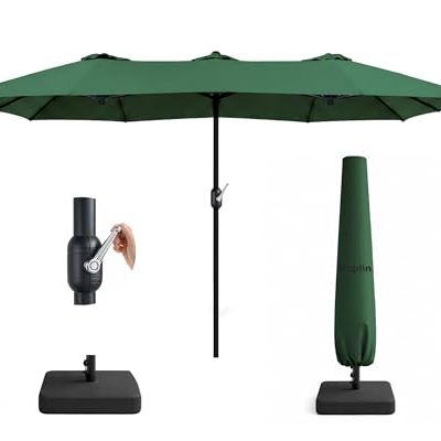 Keplin Double Garden Parasol With Base and Cover 4.5x2.7m &amp;ndash; Extra Large Outdoor Patio Umbrella, 12 Steel Ribs, 180gsm Polyester Canopy, Crank Handle, Weather Resistant Shade, Uv Protective, Green