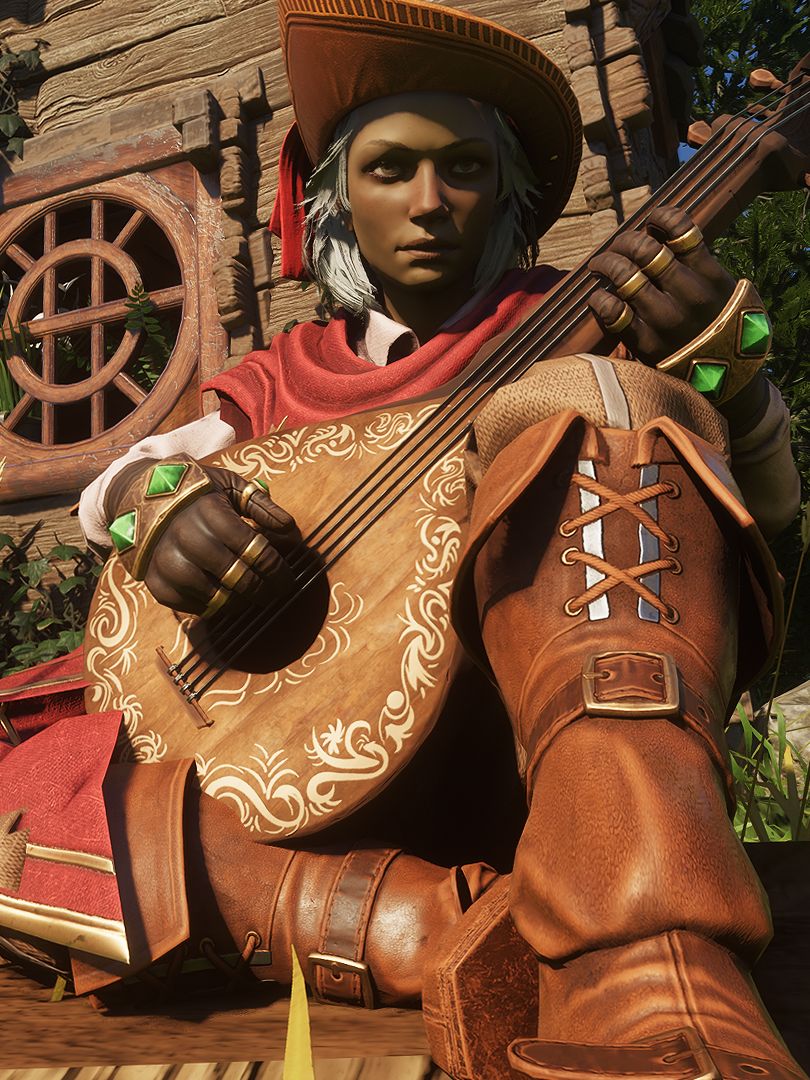 Enshrouded - Character setting playing the ukulele while wearing the Flame Pact gear from Twitch Drops