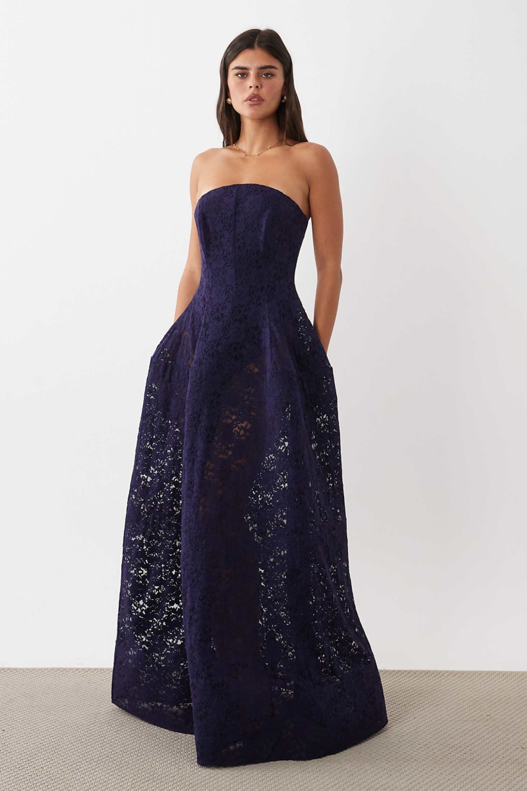 Asos Design Premium Bandeau Lace Full Skirt Maxi Dress in Navy