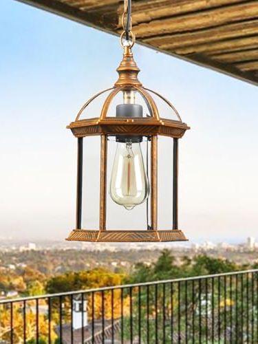 Pilanp Vintage Outdoor Pendant Light Rubbed Brass Chandelier for Porch Hanging Lantern With Adjustable Chain Anti-Rust Waterproof Aluminum Pendant Lamp With Clear Shade for Patio Garden Balcony