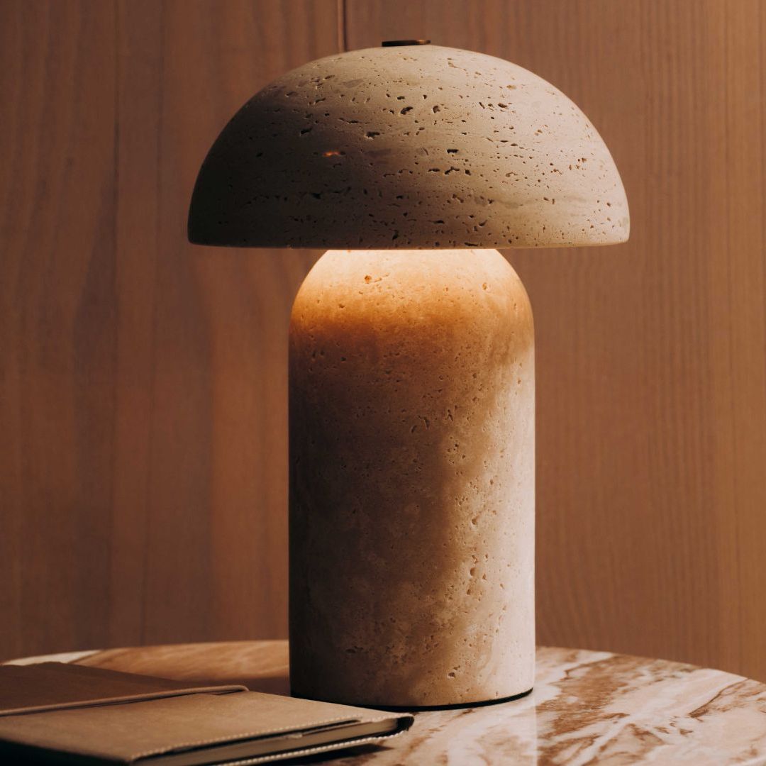 Marks and Spencer Stone mushroom lamp on marble table