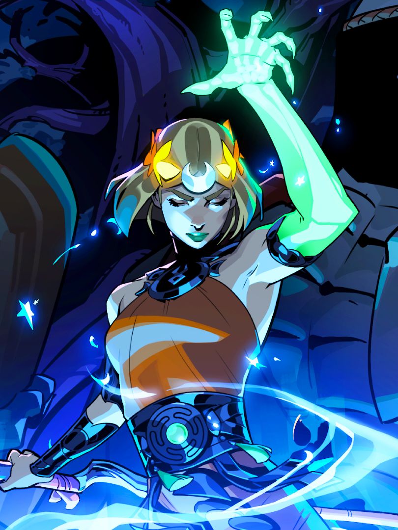 The witch Melinoe holds up her ghostly hand to conjure something magical with her staff in the other hand. A dark blue sky broods in the background with a skeleton man on the right side of the frame.