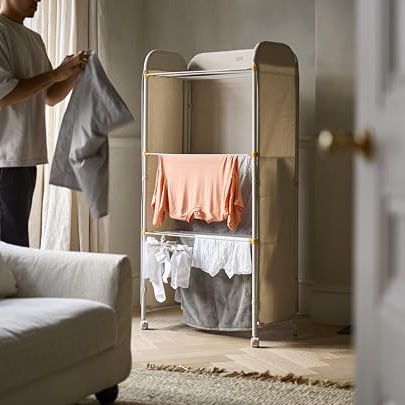 Joseph Joseph Eclipse 3-Tier Adjustable Laundry Drying Rack, Integrated Fabric Cover, Heavy Duty, With Wheels, Folds Flat, 14kg/14m Capacity