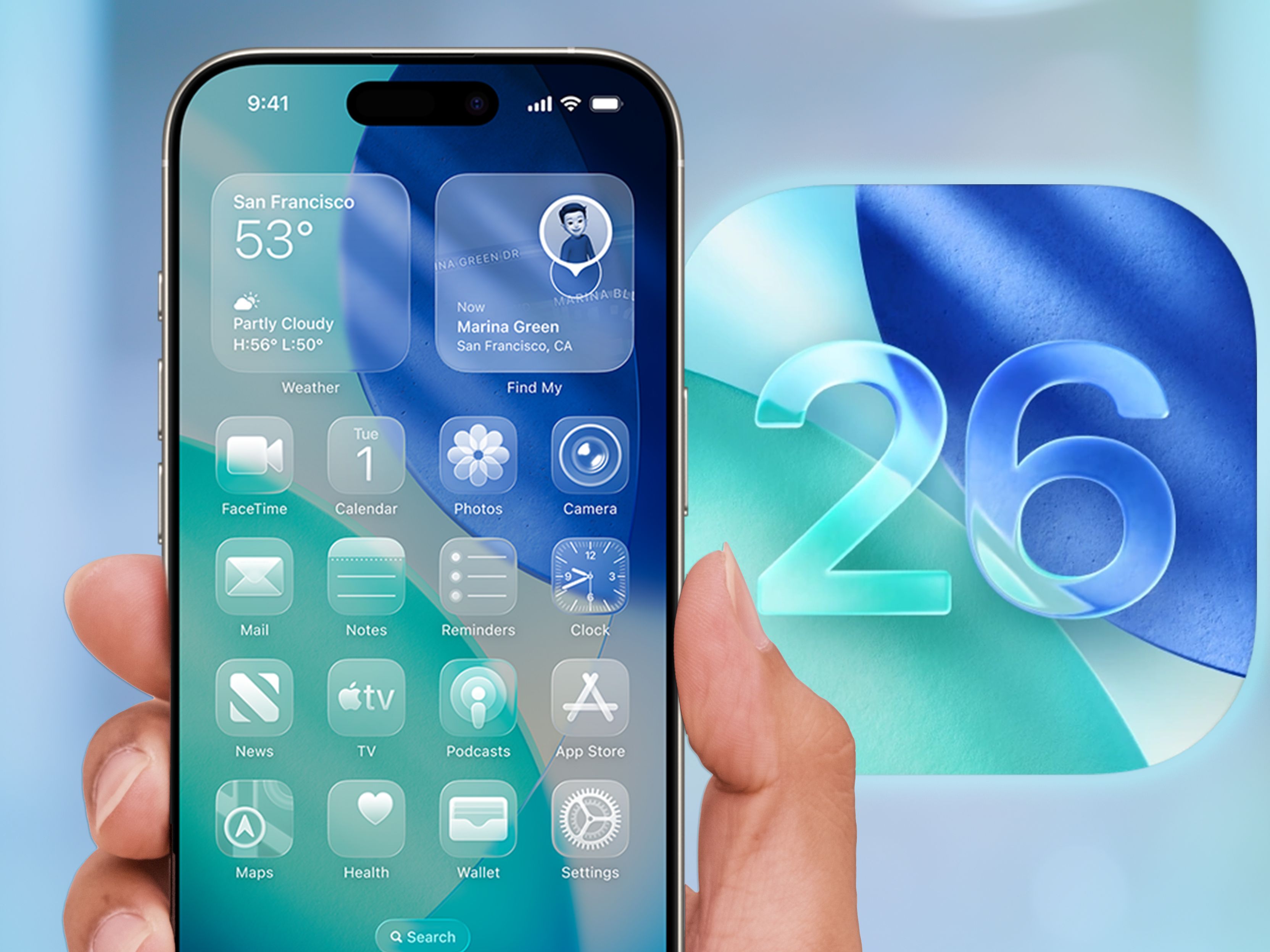iPhone home screen with vibrant Liquid Glass wallpaper