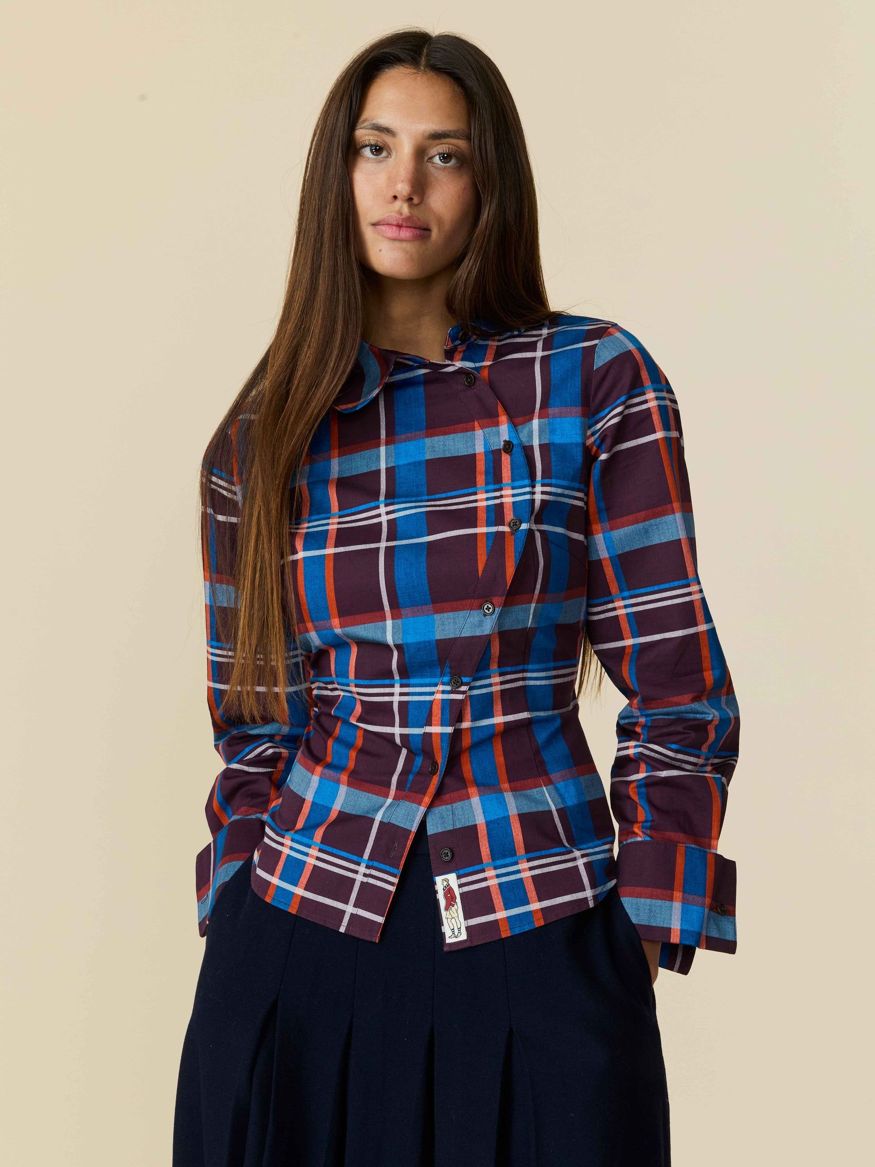 Women's Cotton Poplin Plaid Asymmetrical Button Down Blue Brown Plaid - Blue Brown Plaid / Xs