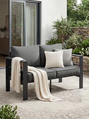 Udpatio 2-Seater Aluminium Garden Loveseat, All-Weather Modern Outdoor Sofa With Thickened Cushions, Metal Patio Seating Garden Furniture for Balcony, Garden, Porch &amp;amp; Terrace (grey Cushions)