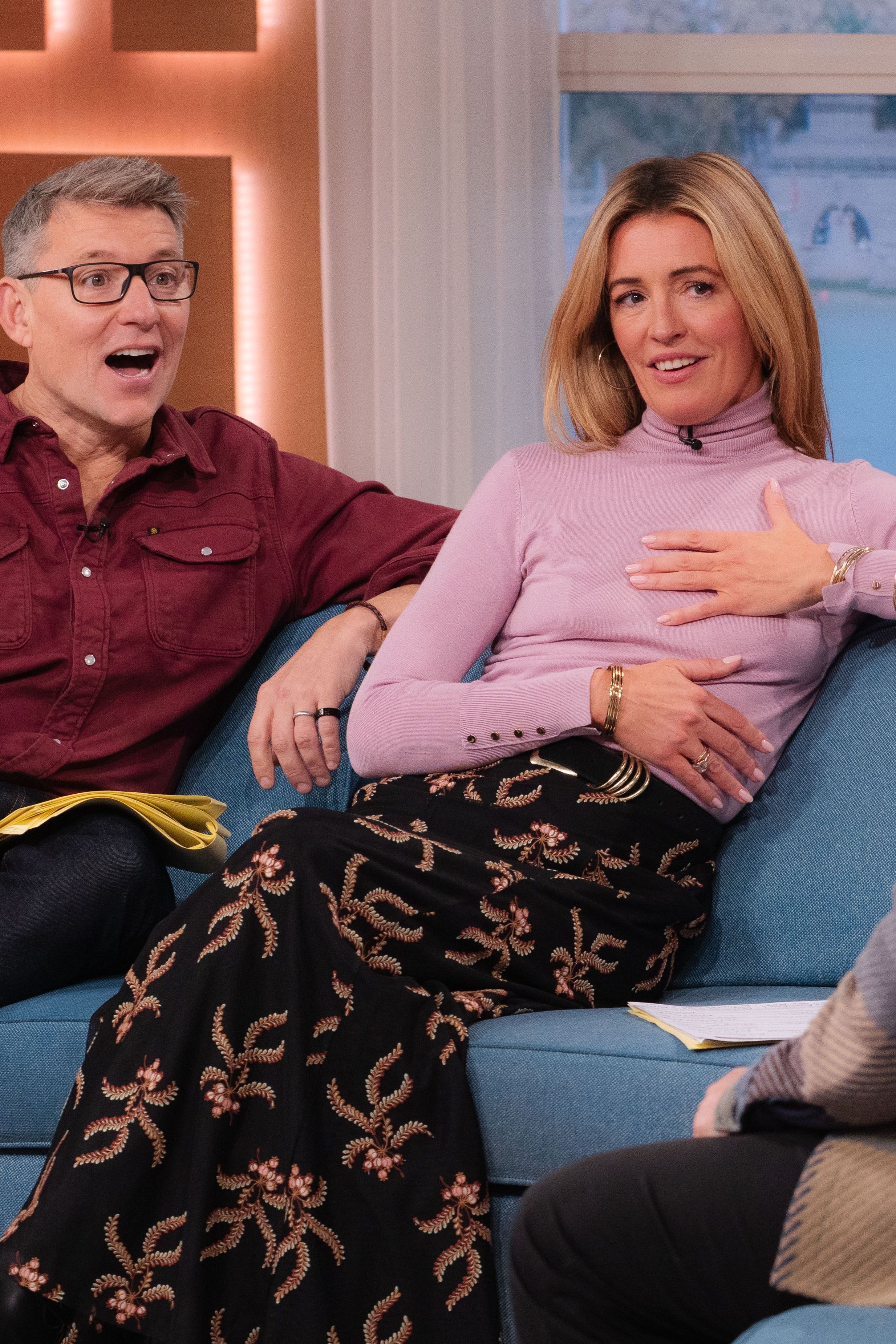 Cat Deeley wearing pink turtleneck and maxi skirt on This Morning on 20 October, 2025