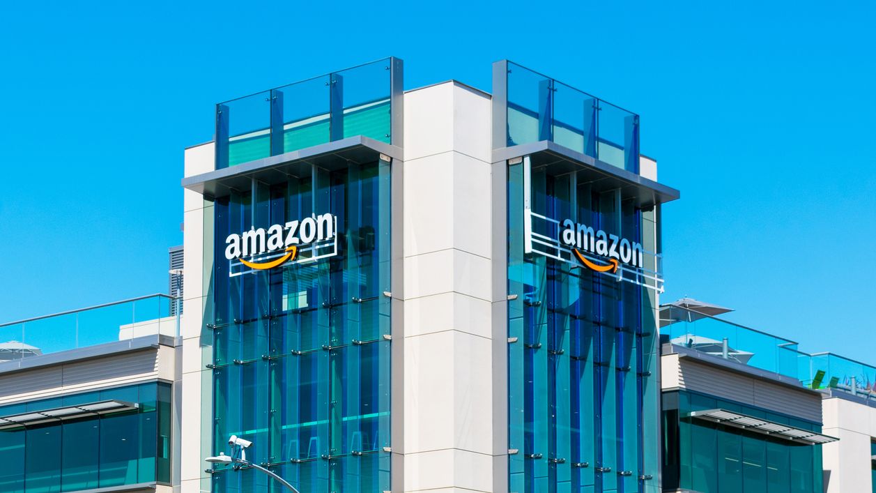 Urban cityscape around Amazon.com e-commerce company campus in Silicon Valley.