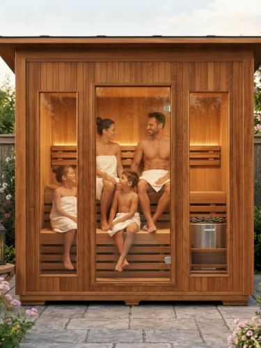 Aurgod Sloped Outdoor Sauna, Canadian Red Cedar Sauna 4 Person, 220v 6kw Harvia Heater, Waterproof System, Large Glass Windows, Asphalt Shingles, Panel Control(0-195 &deg;f) (rectangular)