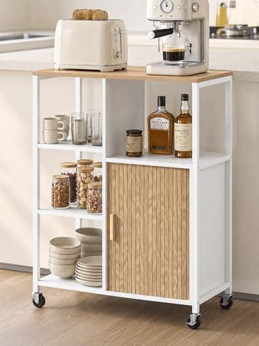 Mobile Kitchen Island With Wheels, Mobile Serving Trolley With Storage Space and Roll-Up Doors, Kitchen Island With Worktop, Rolling Trolley for Kitchen, Living Room &amp;amp; Dining Room, 37 X 67 X 95cm