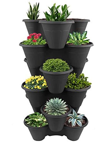 Stackable Strawberry Planter &amp;ndash; Tiered Vertical Garden Pots for Herbs, Flowers &amp;amp; Vegetables &amp;ndash; Space-Saving Planter for Patio, Balcony &amp;amp; Garden &amp;ndash; Indoor &amp;amp; Outdoor | Black, 6-Tier