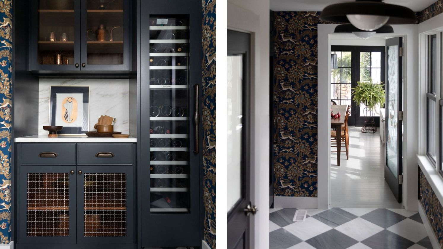 two pictures next to each other. On the left, a black butler&#039;s pantry. On the right, the view away from the pantry into the dining room