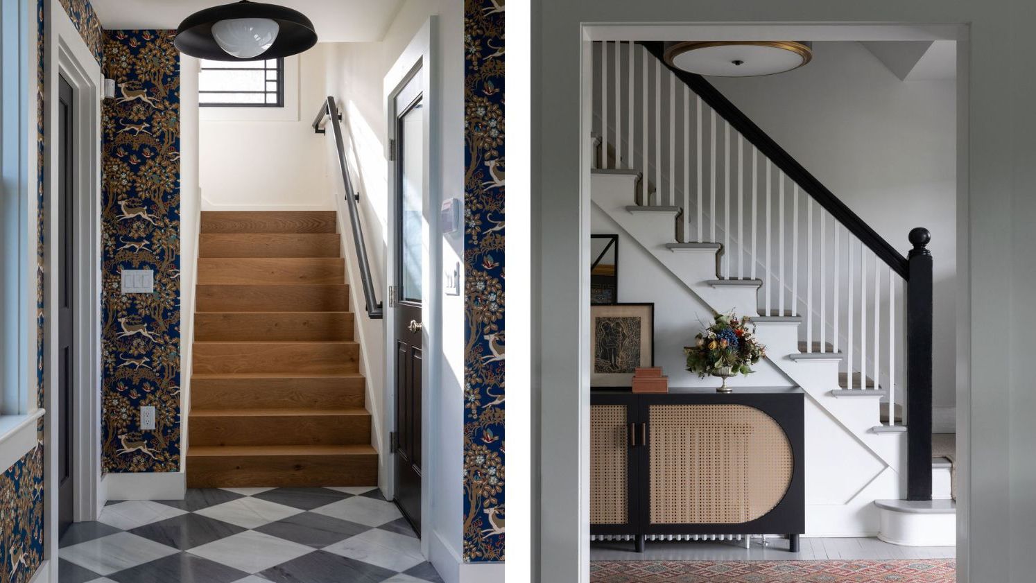 two pictures next to each other. On the left, a checkerboard floor before some wooden stairs. On the right, a stair rail from the side with a wooden cabinet in front of it