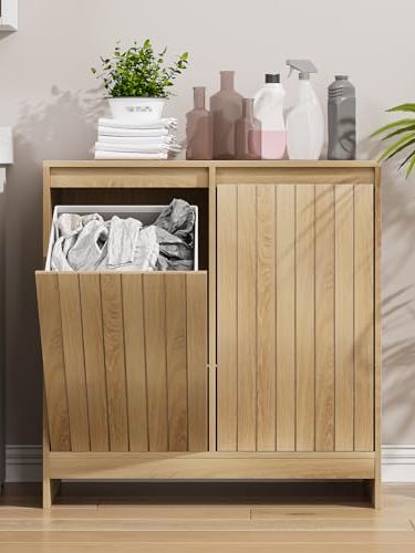Smuxee Double Tilt Out Laundry Hamper Cabinet, Hidden Laundry Cabinet With Double Baskets, Natural Trash Can for Bathroom, Kitchen, Living Room
