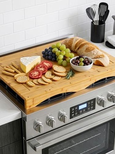 Bamboo Cutting Board Stove Cover With Juice Groove (75x54x7.5cm), Reversible Serving Tray Wooden Noodle Board Stovetop Kitchen Sink Hob Cover Extra Counter Space, Raised Hob Protector for Cooled Stove