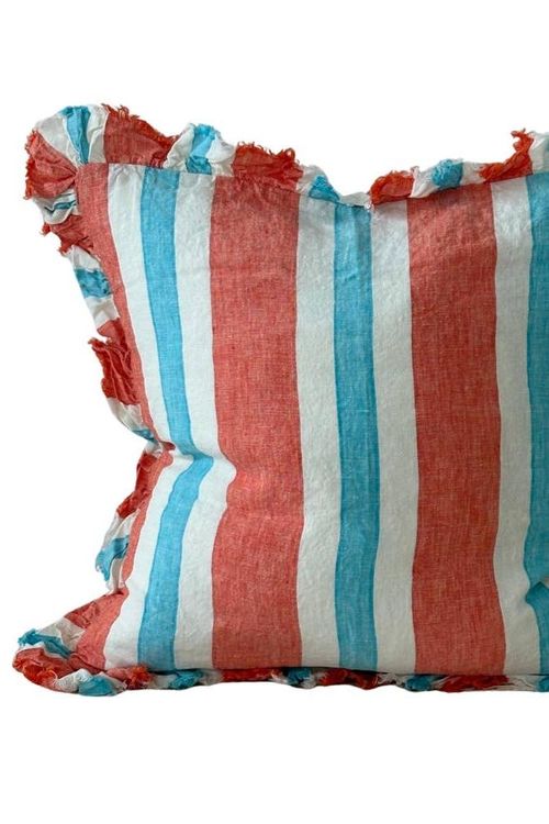 Coral Stripe Ruffle Linen Cushion