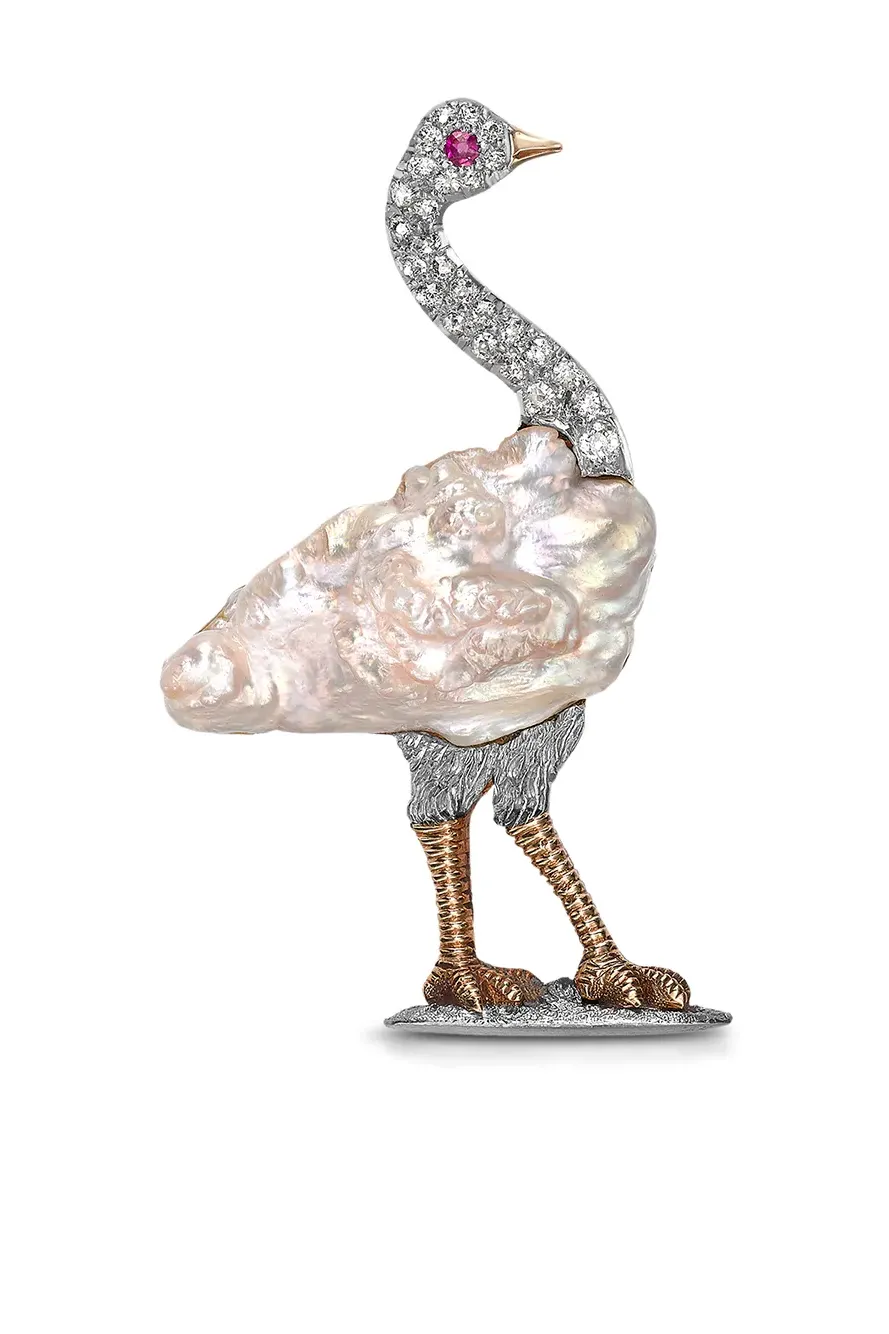 Pragnell Vintage 1901-1910 18kt Yellow Gold Edwardian Pearl and Diamond Ostrich Brooch | One Size