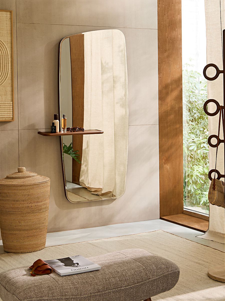 Nella Asymmetric Mirror With Walnut Shelf H170cm