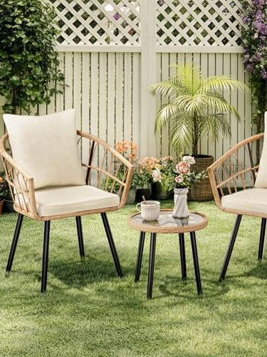 Pamapic 3 Piece Rattan Bistro Set, Garden Furniture Set With Tempered Glass Table, 2 Chairs, Removable Cushions, Patio Bistro Set for Porch, Garden, Deck, Beige