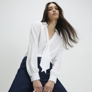 White Tie Detail Long Sleeve Blouse