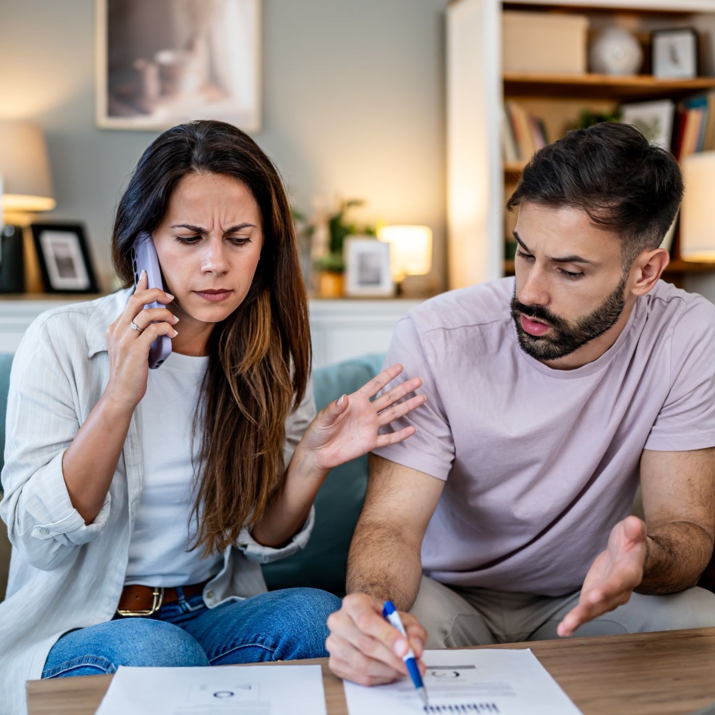 A young couple sitting on their couch looking stressed while talking about money.