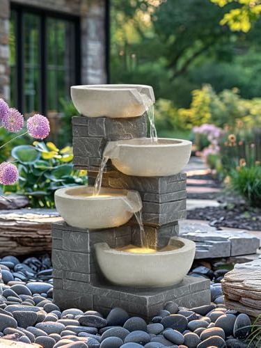 Charles Bentley 4 Tier Cascading Water Feature, Grey Brick Finish, Self Contained, 50hz Pump, 220-240v, 10l Capacity, Uv &amp;amp; Frost Resistant, 3 Built in Led Lights, 5m Cable (55.5x37x31cm)