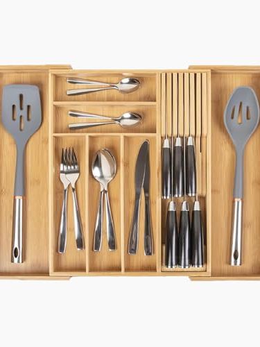 Peak Prime Bamboo Silverware Drawer Organizer for Kitchen &amp;ndash; Expandable Utensil Holder &amp;amp; Cutlery Tray With Adjustable Tableware Dividers and Removable Knife Block &amp;ndash; Flatware Storage Insert for Drawers