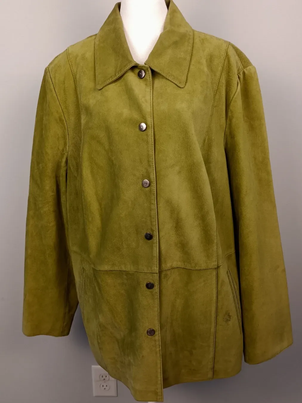 Bernardo for Nordstrom, Green Suede Snap Front Jacket 3X Fully Lined Hip Length
