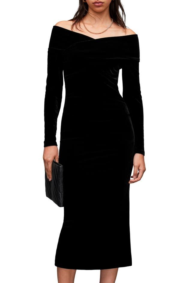 Delta Off the Shoulder Long Sleeve Velvet Midi Dress