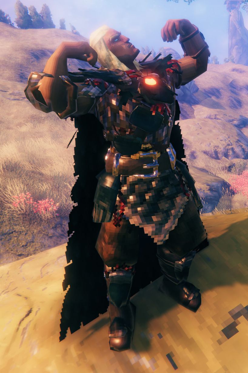 Valheim viking in black armor flexing arms