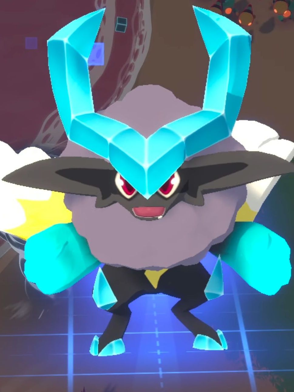 A blue-horned monster from Temtem: Swarm. It has a fuzzy black neck and furry tail with yellow and white stripes.