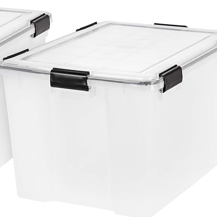 Iris Usa Weatherpro 74 Qt Storage Bins With Lids, 2 Pack, Bpa-Free Plastic Gasket Box With Tight Latch and Seal, Stackable Nestable Tote Tub - Clear/black