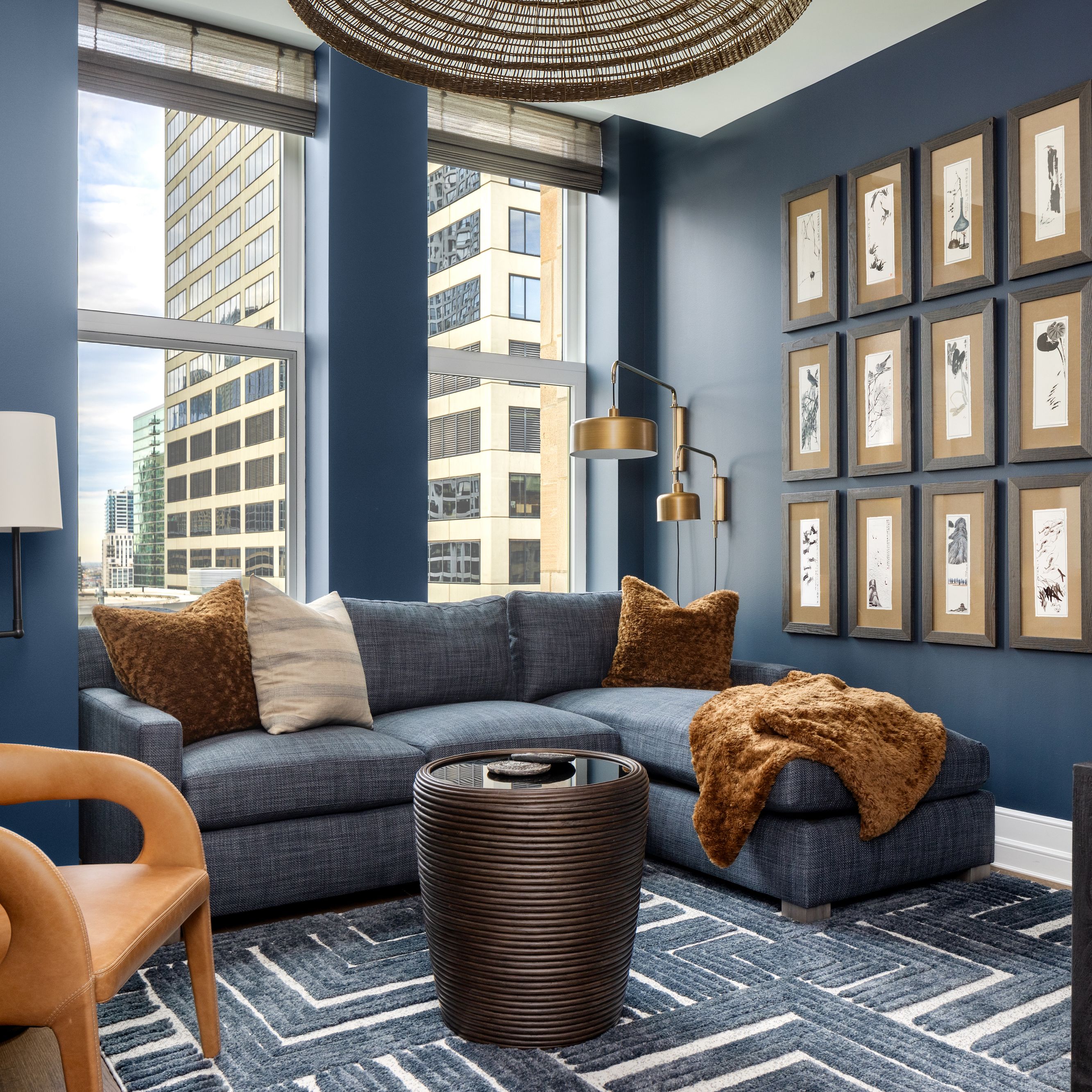 Navy Walls Brown Couch Living