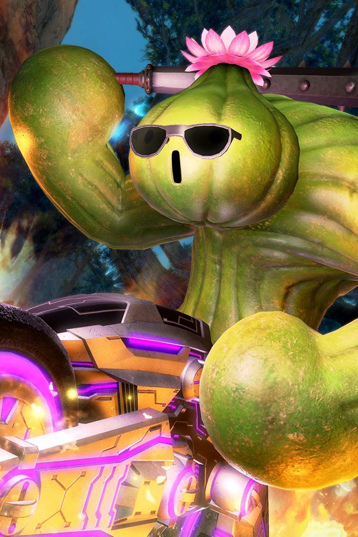 A cactuar on a flaming bike from the FFXIV Hildibrand Adventures sidequest series