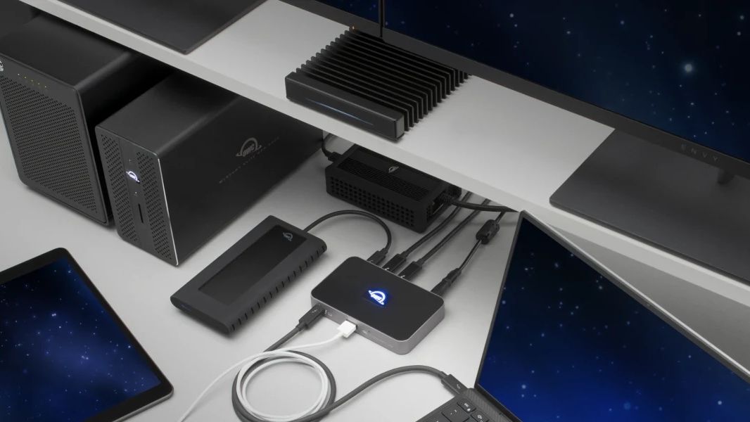 The OWC Thunderbolt Hub offers three Thunderbolt 4 ports and a USB