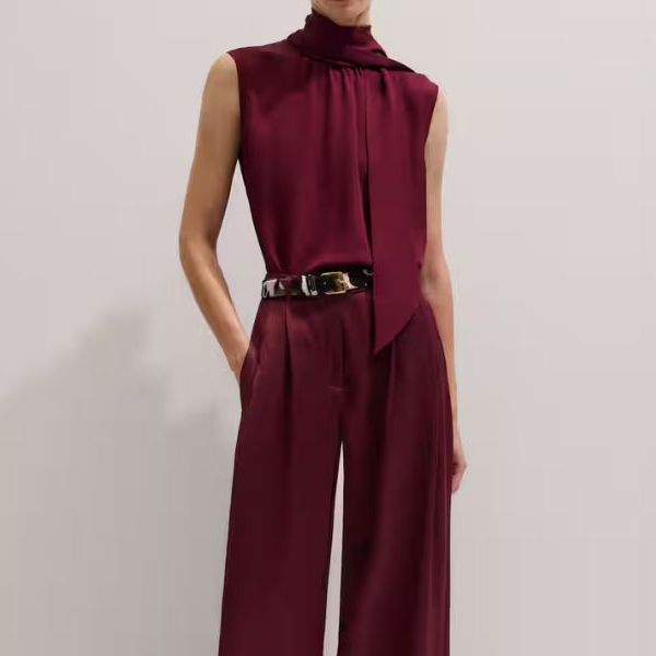 berry hued scarf neck jumpsuit