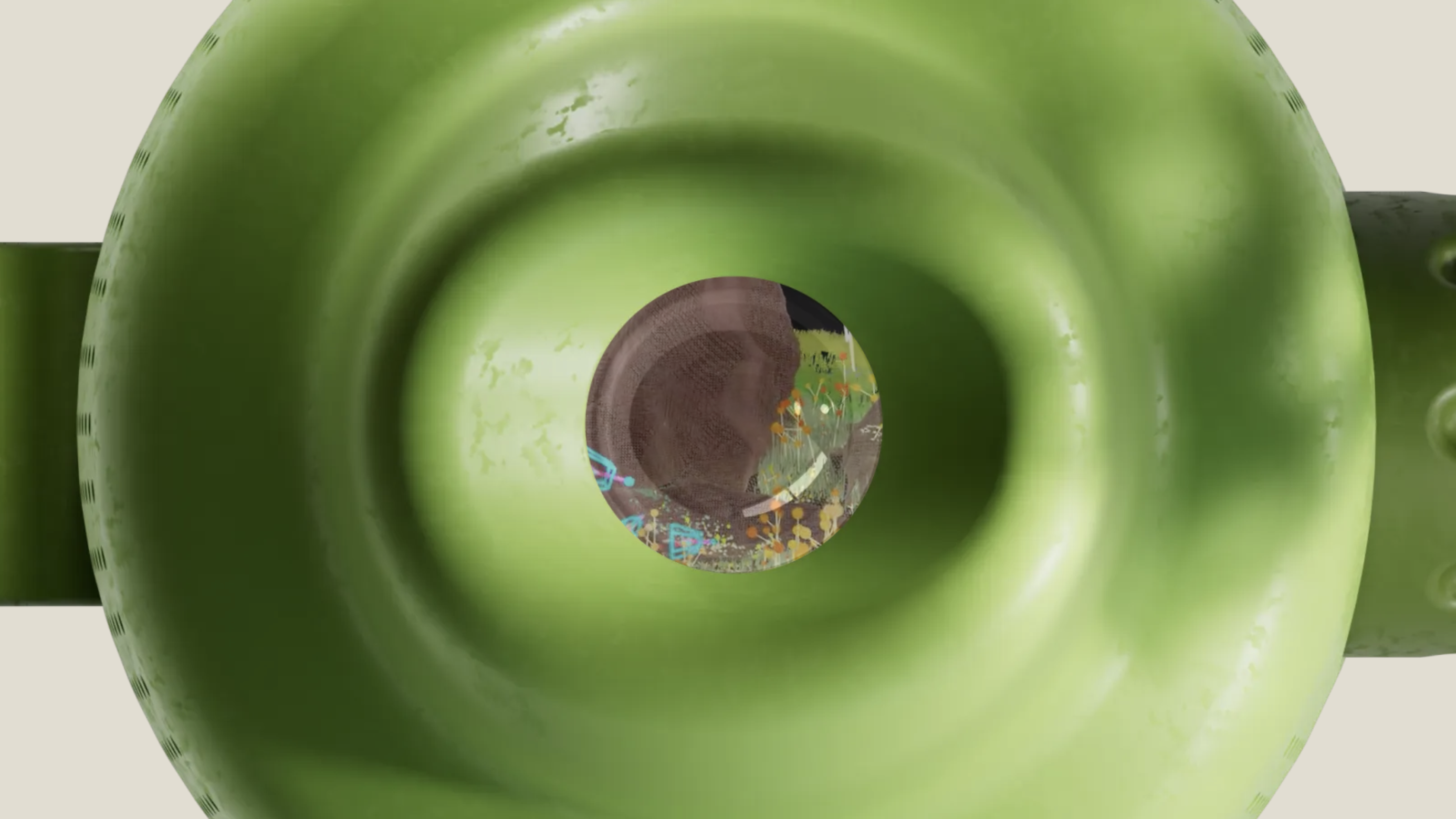 Mur Mur speaker and AI ecosystem in green, with moss in the background, showing the eyepiece in the top