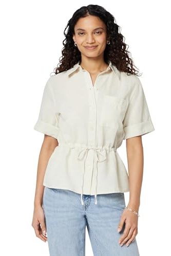 Amazon Essentials Women's Relaxed-Fit Linen Blend Wide Sleeve Shirt With Adjustable Waist Black, Light Beige, Medium