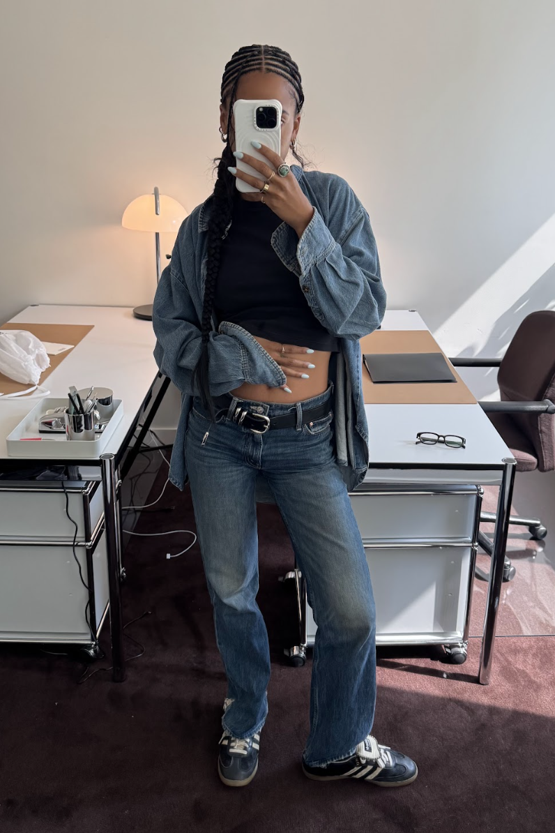 Madison Utendahl wearing denim shirt and jeans