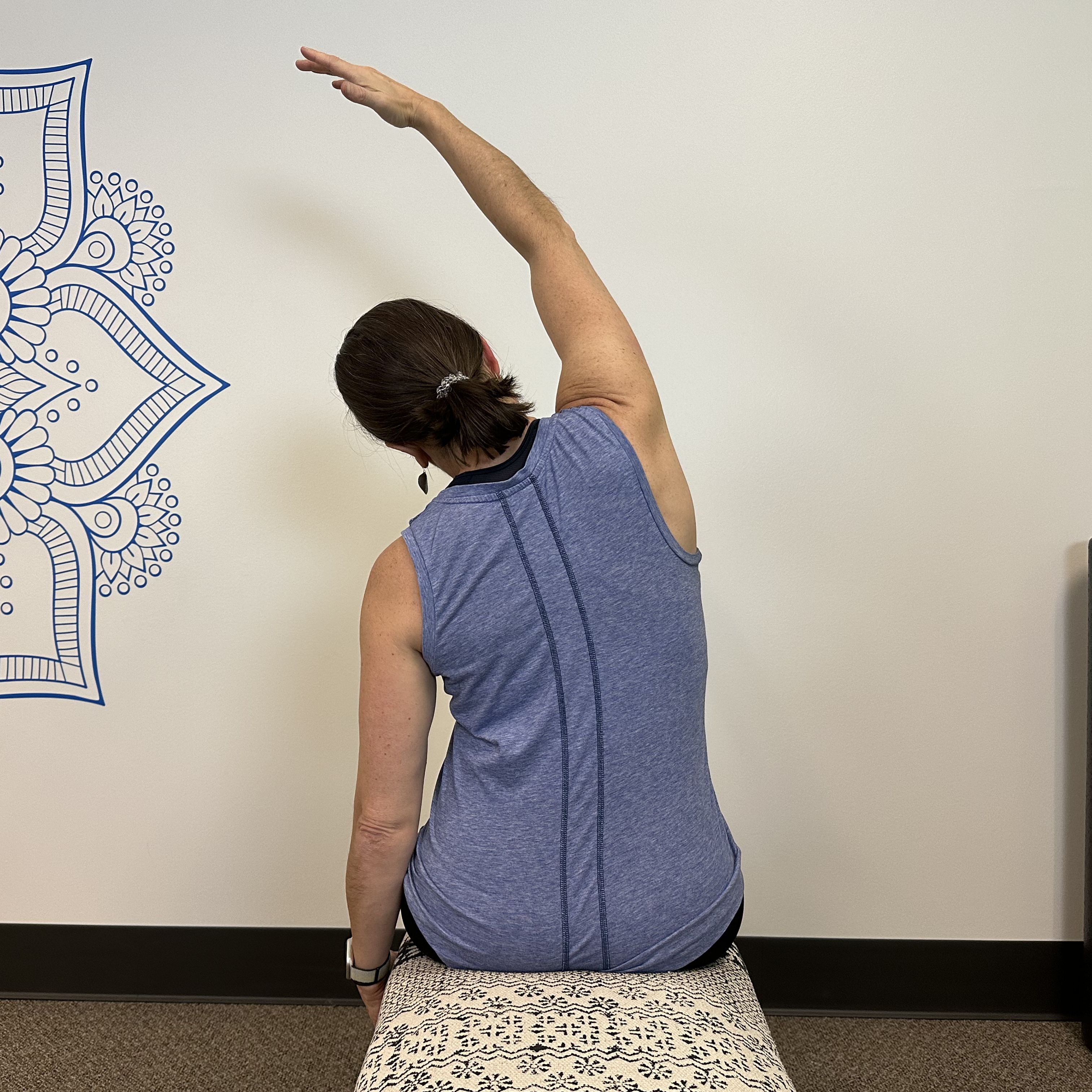 woman in a blue vest, arm overhead reaching to the opposite side, shot with her back to the camera from waist up