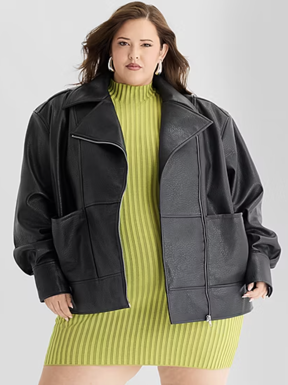 Ashley Graham, Womens Plus Faux Leather Midweight Motorcycle Jacket