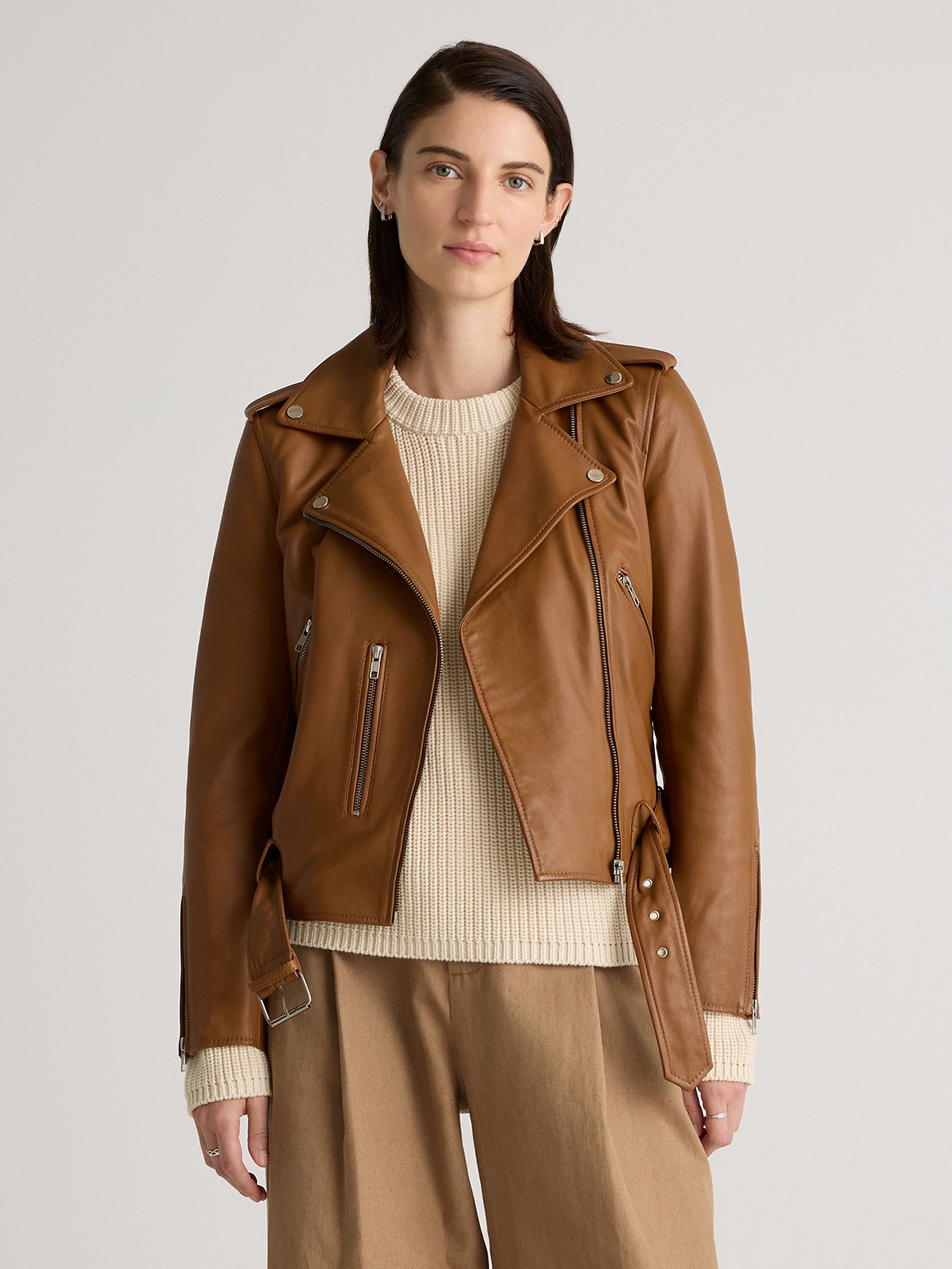 Women's 100% Leather Motorcycle Jacket in Cognac