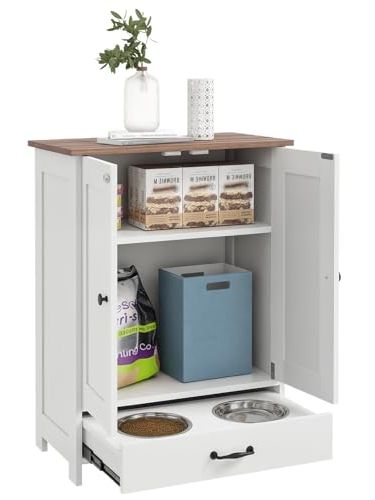 Pawhut Pet Feeding Station With Storage, Dog Feeding Station With Raised Dog Bowls, Adjustable Panel, Hooks, Pet Food Storage Cabinet, White