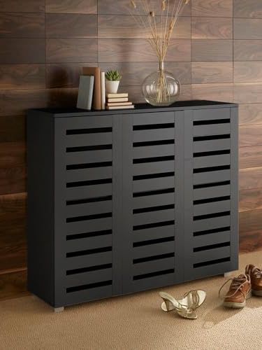 Home Source 3 Door Wooden Shoe Storage Cabinet Rack Stand Slatted Cupboard, Black