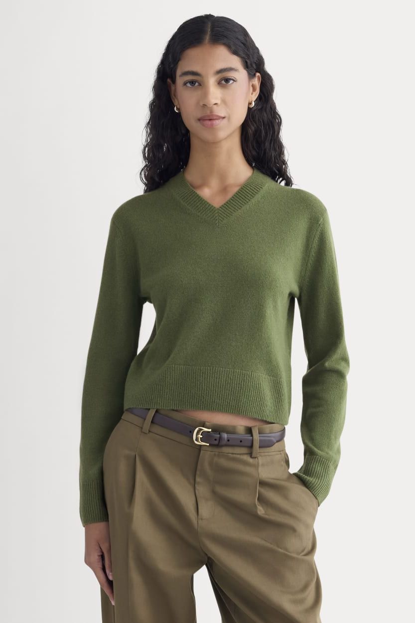 Cashmere Cropped High-V Sweater | Forest Green - Xxs