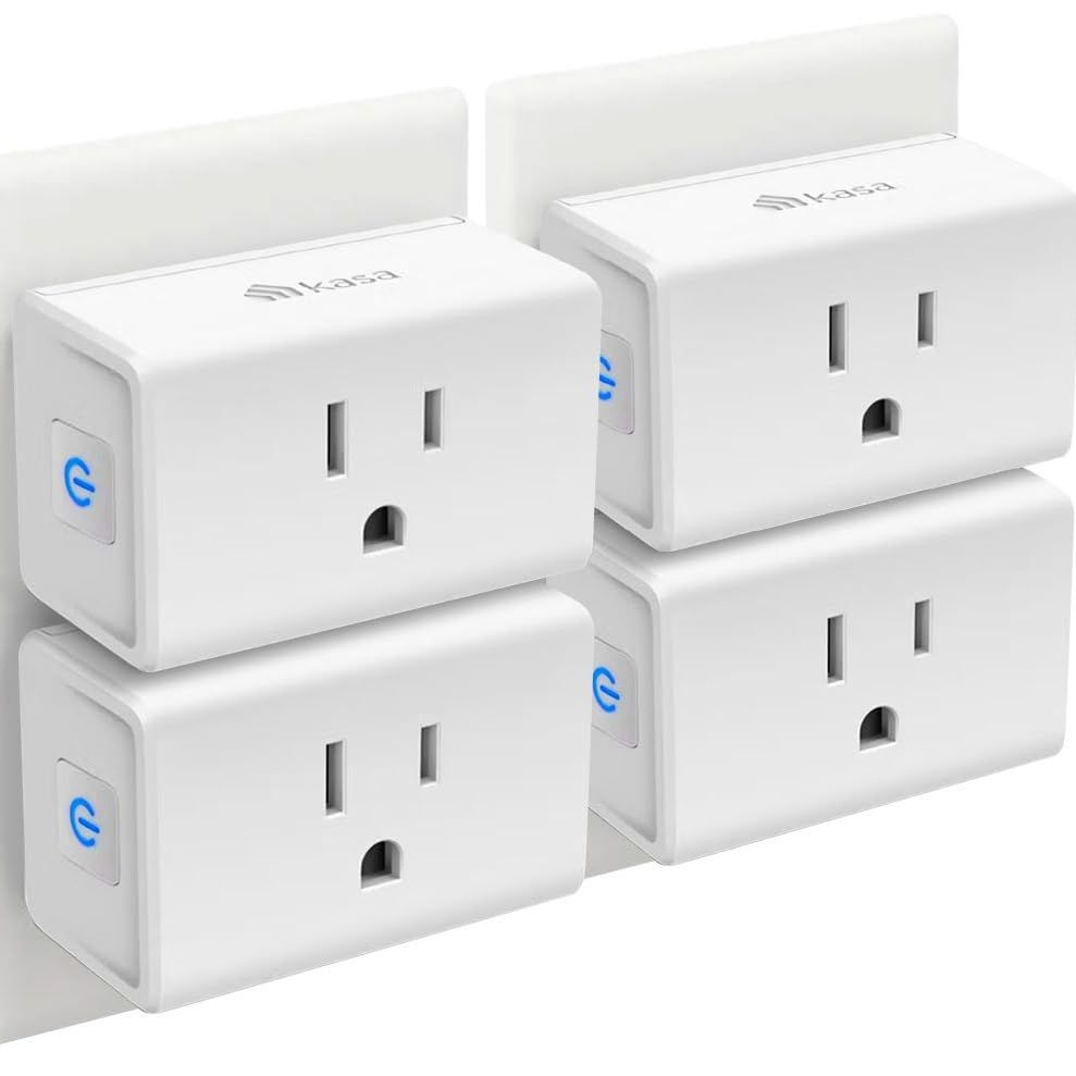 Four pack of Kasa Smart Plug Mini smart plugs on white background.